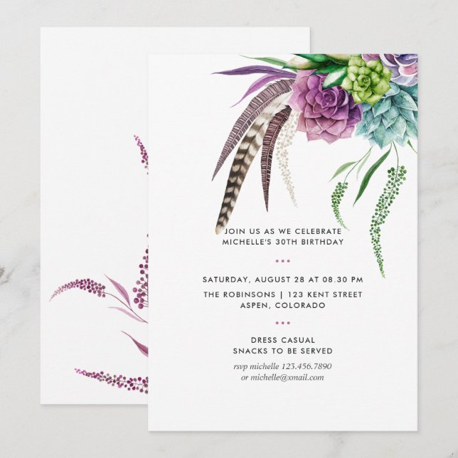 Invitación Fiesta de Cumpleaños Boho Místico de Acuarela con  (Anverso / Reverso)