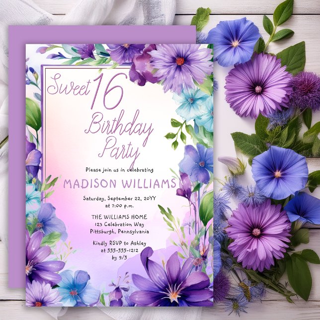 Invitación Fiesta de Cumpleaños Boho Morning Glories Sweet 16 (Elegant Boho Aster | Morning Glories Floral Sweet 16 Birthday Party Invitation Print | Digital )