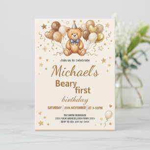 Invitación Fiesta de cumpleaños Boho Teddy Bear Beary primero