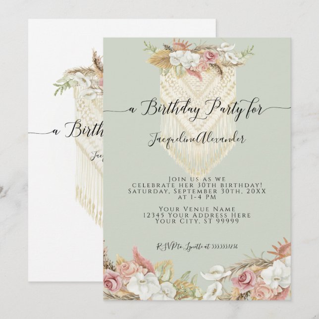 Invitación Fiesta de cumpleaños Boho Tropical Floral Pampas (Anverso / Reverso)