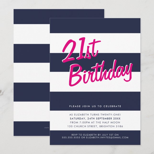Invitación fiesta de cumpleaños BOLD STRIPED INVITE azul mari (Anverso / Reverso)