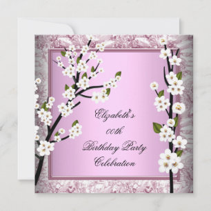 Invitación Fiesta de Cumpleaños Bonita Flor de Cerezo Rosa Bl