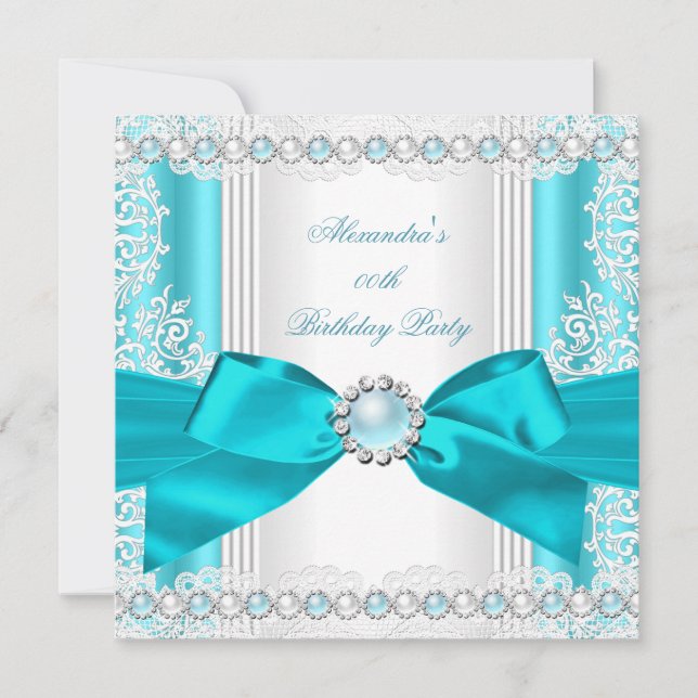 Invitación Fiesta de Cumpleaños Bonito Azul Turquesa Perla Bl (Anverso)