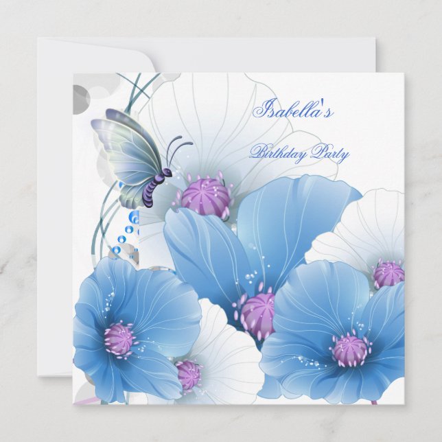 Invitación Fiesta de Cumpleaños Bonito Floral Azul Blanco Mar (Anverso)