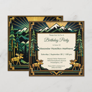Invitación Fiesta de Cumpleaños Bosque de Montaña Art Deco