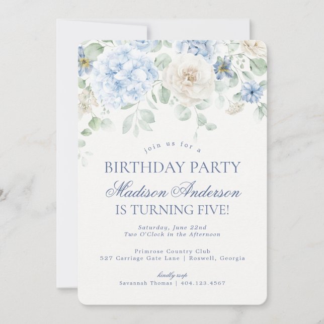 Invitación Fiesta de cumpleaños botánico de Blue Floral Hydra (Anverso)