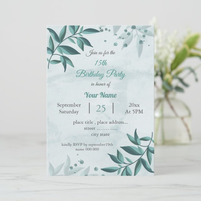 Invitación fiesta de cumpleaños botánico de las hojas azules  (Anverso de pie)
