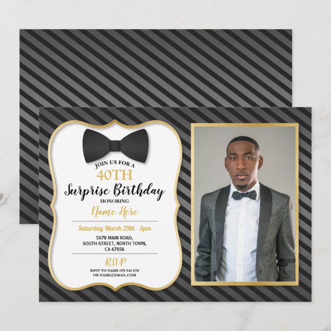 Invitación Fiesta de cumpleaños Bowtie Black Tie Mens Foto de (Anverso / Reverso)