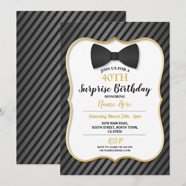 Invitación Fiesta de cumpleaños Bowtie Black Tie Mens Women G (Anverso / Reverso)