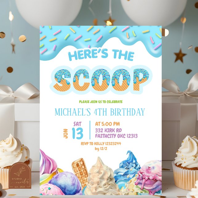 Invitación Fiesta de cumpleaños Boy Blue Drip Here's the Scoo (Subido por el creador)