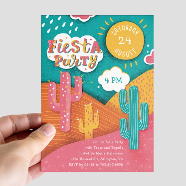 Invitación Fiesta de cumpleaños brillante. Tacos de cactus y  (Subido por el creador)