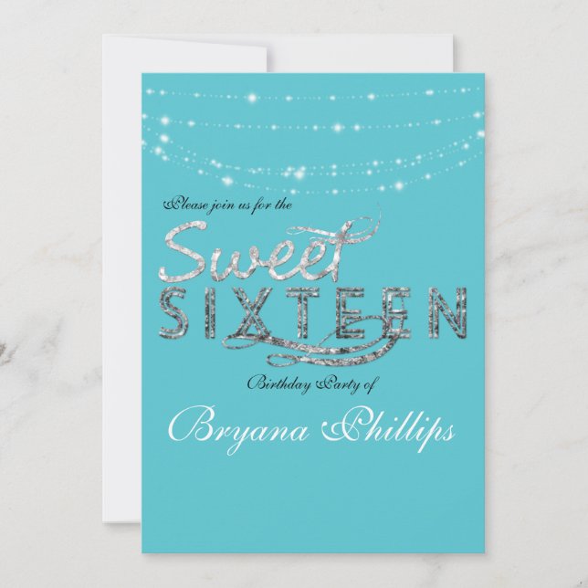Invitación Fiesta de Cumpleaños Brillo Azul Teal Dulces 16 (Anverso)