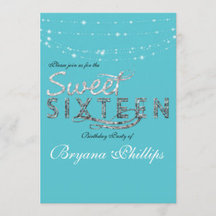 Invitación Fiesta de Cumpleaños Brillo Azul Teal Dulces 16
