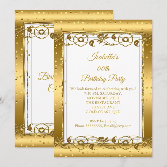 Invitación Fiesta de Cumpleaños Brillo Blanco Flor Dorada (Anverso / Reverso)