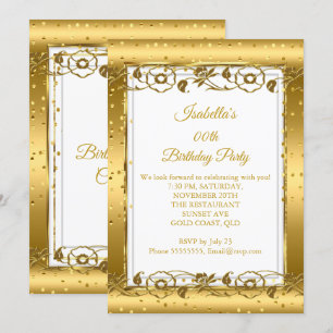 Invitación Fiesta de Cumpleaños Brillo Blanco Flor Dorada