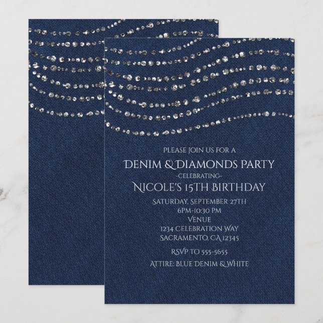 Invitación Fiesta de Cumpleaños Brillo Destello Mezclilla y D (Anverso / Reverso)