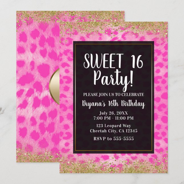 Invitación Fiesta de Cumpleaños Brillo Dorado Leopardo Rosa G (Anverso / Reverso)