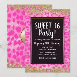 Invitación Fiesta de Cumpleaños Brillo Dorado Leopardo Rosa G