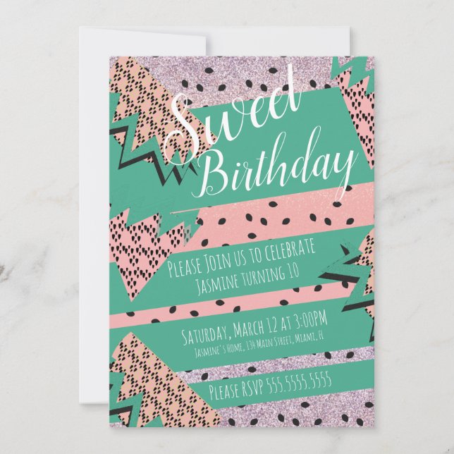 Invitación Fiesta de Cumpleaños Brillo Geométrico Sandía Rosa (Anverso)