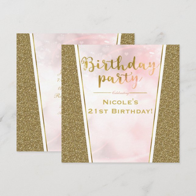 Invitación Fiesta de Cumpleaños Brillo Glam Glitter Oro Rosa (Anverso / Reverso)