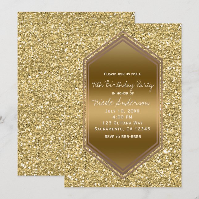 Invitación Fiesta de Cumpleaños Brillo Glamour Destello Dorad (Anverso / Reverso)