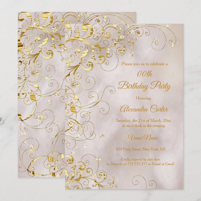 Invitación Fiesta de Cumpleaños Brillo Remolino Dorado Beige (Anverso / Reverso)