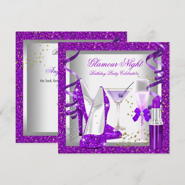 Invitación Fiesta de Cumpleaños Brindis Glitter Purple Glamou (Anverso / Reverso)