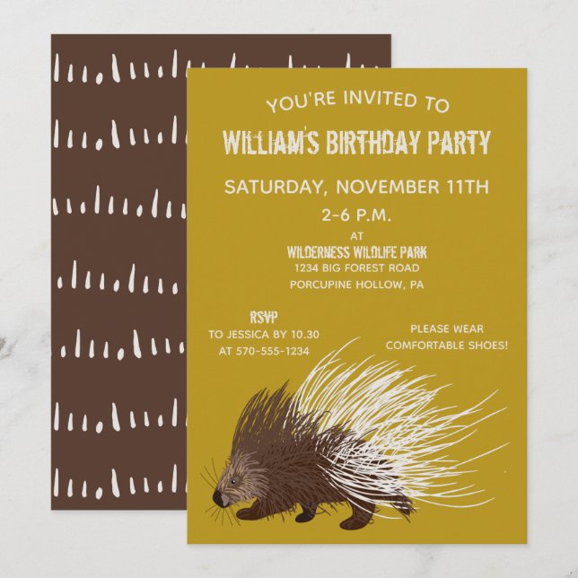 Invitación Fiesta de cumpleaños Brown y Mustard Porcupine (Anverso / Reverso)
