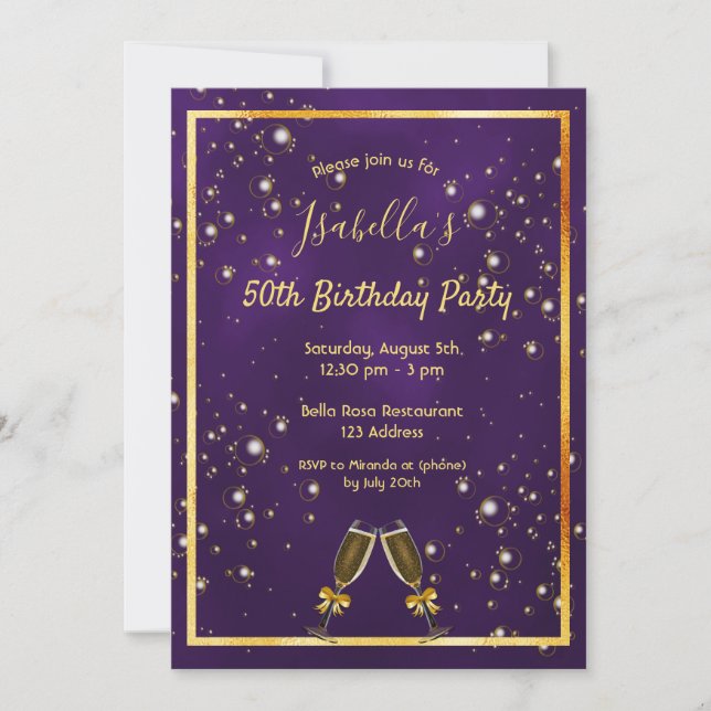 Invitación Fiesta de cumpleaños burbujas de oro morado divers (Anverso)