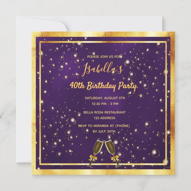 Invitación Fiesta de cumpleaños burbujas de oro morado divers (Anverso)