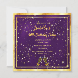 Invitación Fiesta de cumpleaños burbujas de oro morado divers