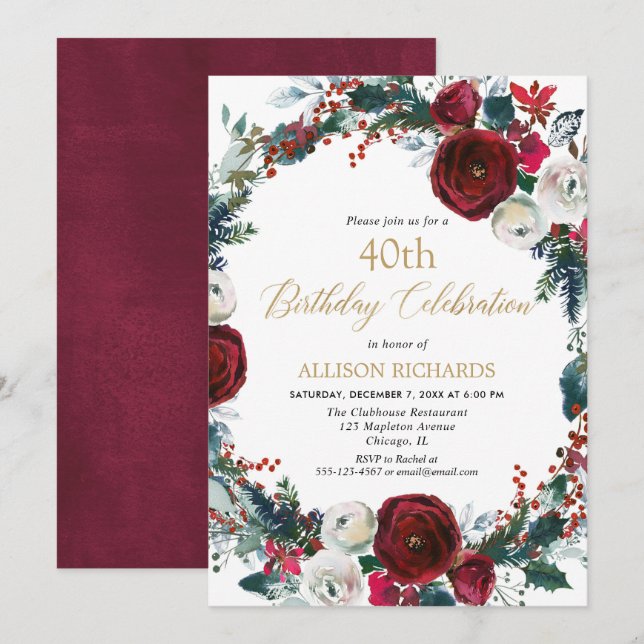 Invitación fiesta de cumpleaños burgundy de oro elegante (Anverso / Reverso)