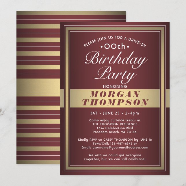 Invitación Fiesta de cumpleaños Burgundy Gold & White Drive-B (Anverso / Reverso)