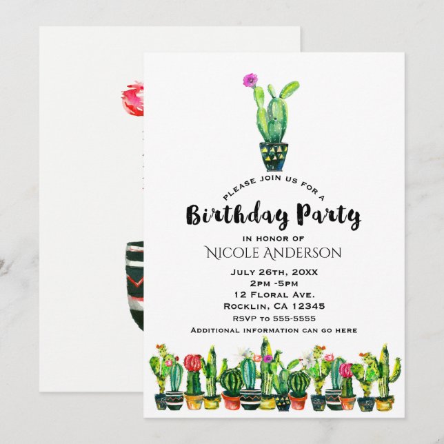 Invitación Fiesta de Cumpleaños Cactus Floral Rústico del Sur (Anverso / Reverso)