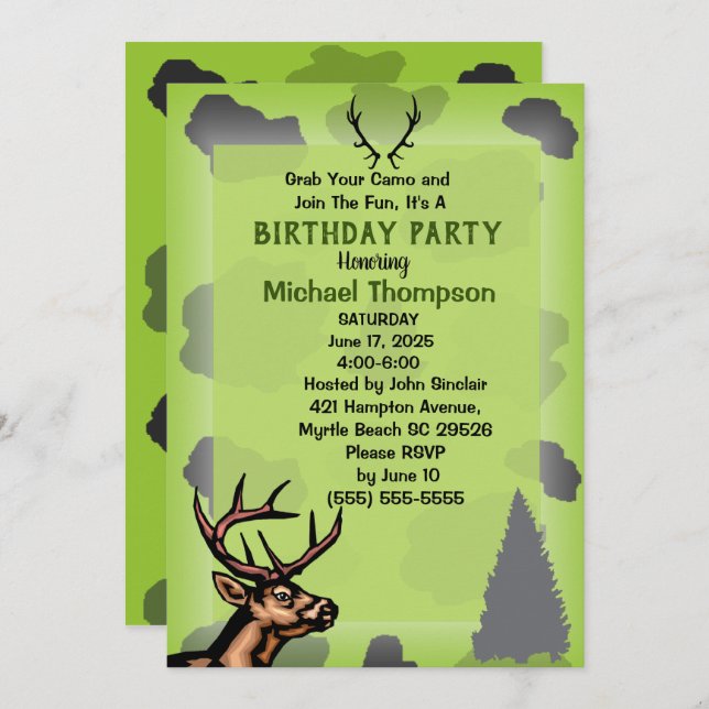 Invitación Fiesta de Cumpleaños Camuflaje Cazador de Ciervos (Anverso / Reverso)