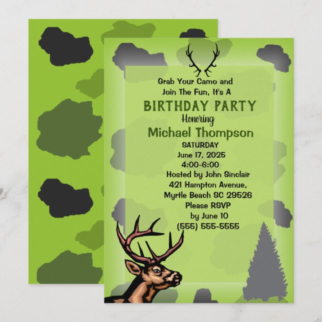 Invitación Fiesta de Cumpleaños Camuflaje para Cazador de Cie (Anverso / Reverso)