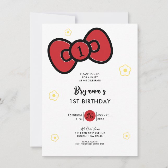 Invitación Fiesta de Cumpleaños Caprichosa con Lazo Rojo Lind (Anverso)