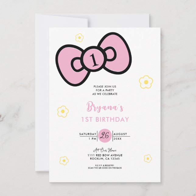 Invitación Fiesta de Cumpleaños Caprichosa con Lazo Rosa Lind (Anverso)