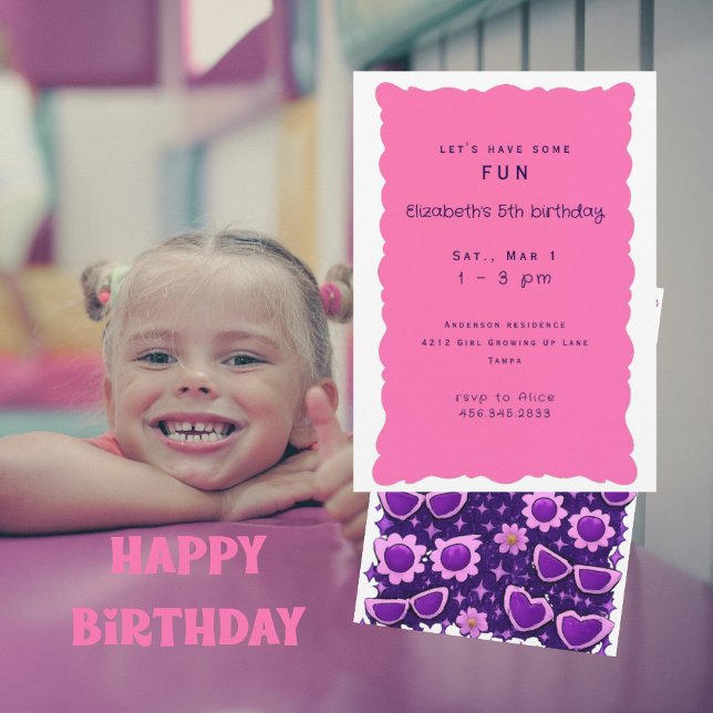 Invitación Fiesta de cumpleaños caprichosa de morado y rosa p (Subido por el creador)