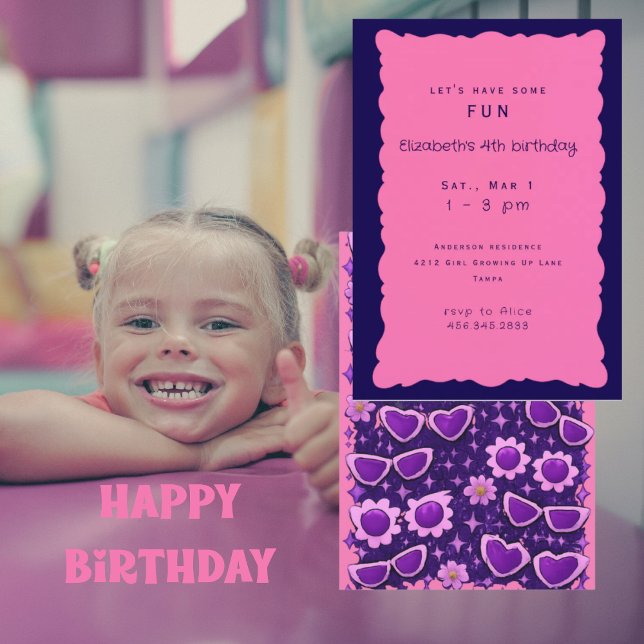 Invitación Fiesta de cumpleaños caprichosa de púrpura y rosa  (Subido por el creador)