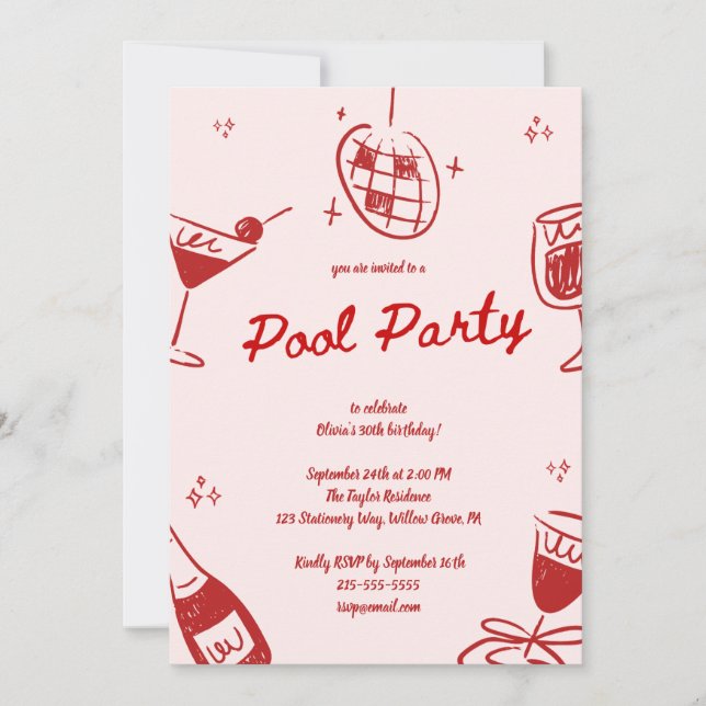 Invitación Fiesta de cumpleaños caprichosa dibujada a mano ro (Anverso)
