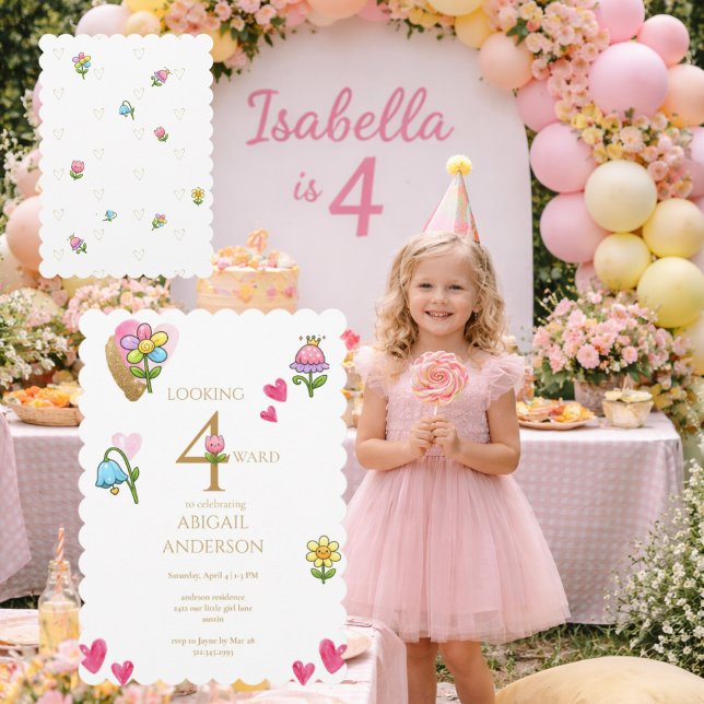 Invitación Fiesta de cumpleaños caprichosa floral 4º cumpleañ (Subido por el creador)