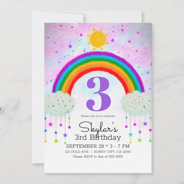 Invitación Fiesta de Cumpleaños Caprichosa Pintada con Arcoír (Anverso)