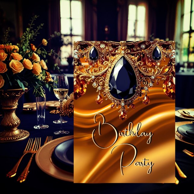 Invitación Fiesta de cumpleaños Caramel Gold Silk Black Blue  (Subido por el creador)