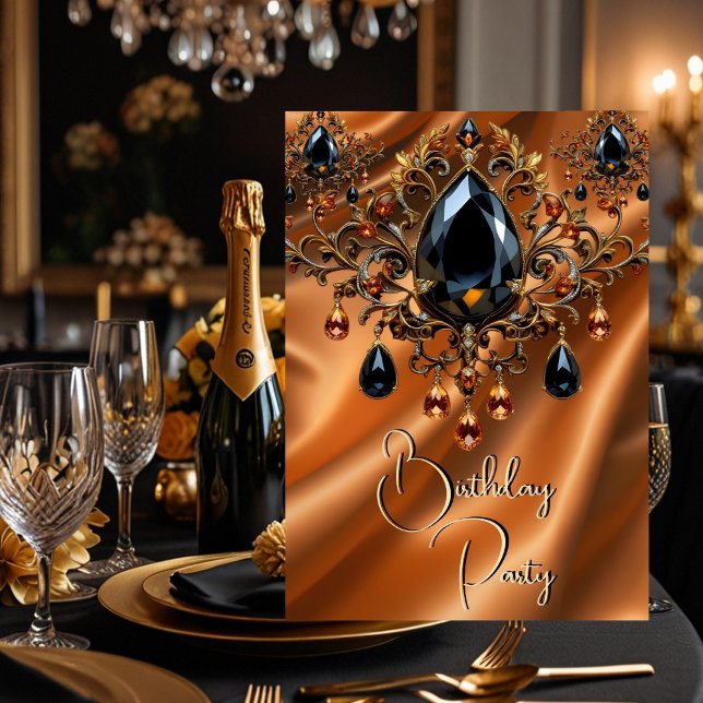 Invitación Fiesta de cumpleaños Caramel Gold Silk Black Jewel (Subido por el creador)