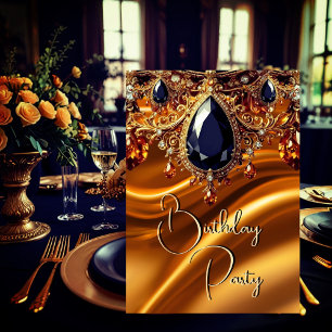 Invitación Fiesta de Cumpleaños Caramelo Oro Seda Negro Azul 