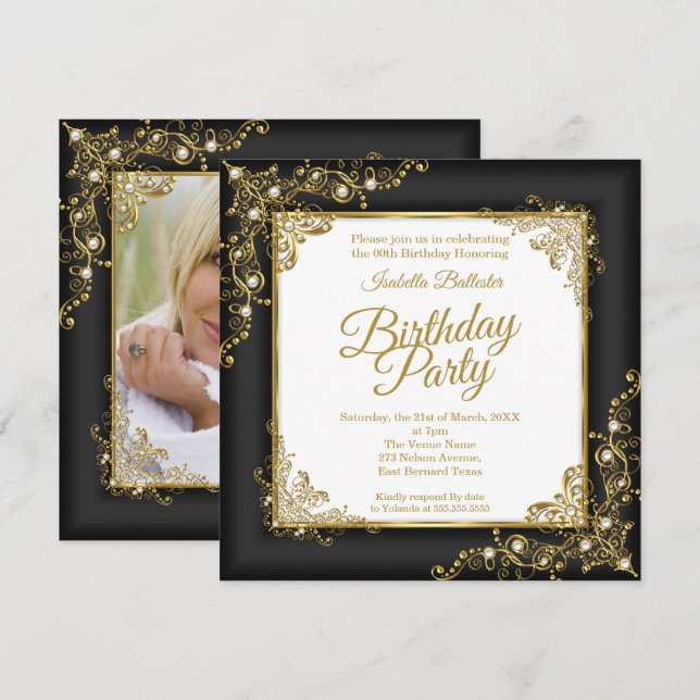 Invitación Fiesta de cumpleaños carbón negro Oro Blanco Foto (Anverso / Reverso)