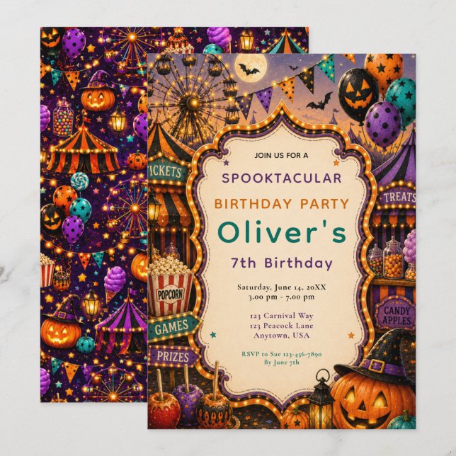 Invitación Fiesta de Cumpleaños Carnaval de Halloween (Anverso / Reverso)