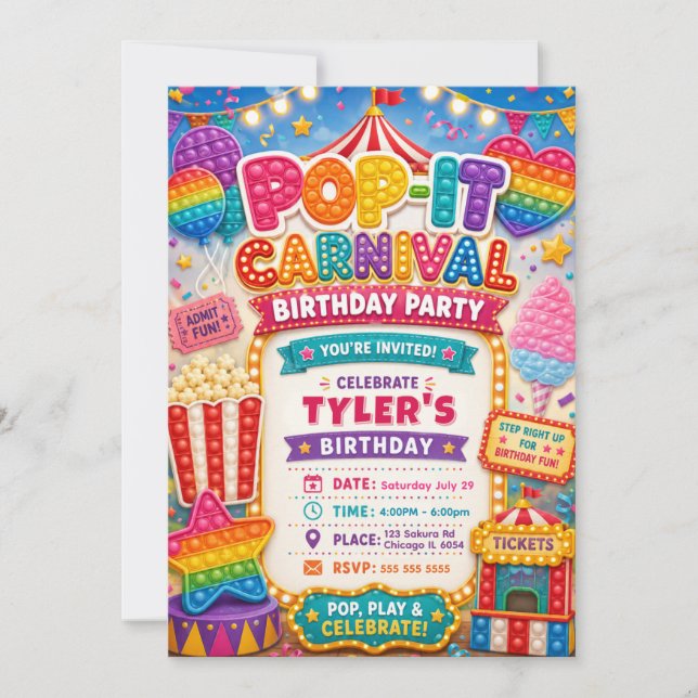 Invitación Fiesta de Cumpleaños Carnaval Pop-It (Anverso)