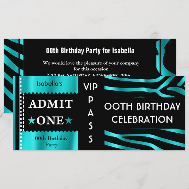 Invitación Fiesta de cumpleaños cebra azul Verde azulado negr (Anverso / Reverso)